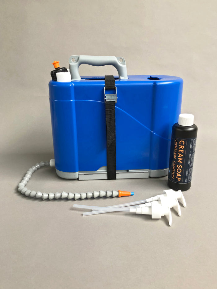 Set lave-main portatif 4en 1 + support (eau + savon + papier + désinfectant)